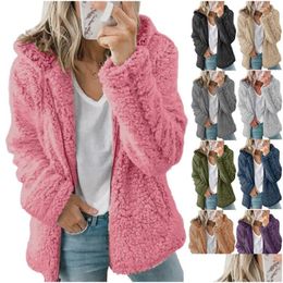 Womens Fur Faux Women Warm Zipper Pockets Flannel Long Sleeve Sweatshirt Plover Coat Outwear Drop Delivery