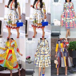 Summer Fall Lapel Mid-Calf High Waist Dress Big Plus Size Geometric Printed Elegant Office Ladies Tunic Pleated Midi Dress Y2K X06235a