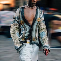 Men's Casual Shirts Spring Digital Printed Shirt Fashion Mens Bohemian Blouses Homme Design V Neck Tops Blouse High Quality P190q