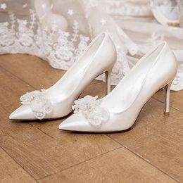 Dress Shoes White Pumps French Wedding Bride Main Party Satin Cloth Pearl Bowknot Elegant Sexy Slip-on Pinted Toe