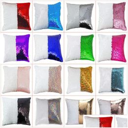 Cushion/Decorative Pillow Dhs 12 Colors Sequins Mermaid Case Cushion Sublimation Magic Blank Cases Transfer Printing Diy Personalize Dhhy5