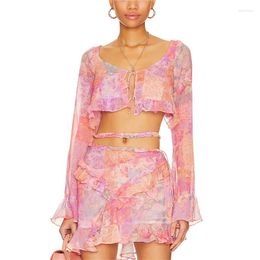 Work Dresses Xingqing Y2k Clothing 2 Piece Set Women Floral Print Ruffle Long Sleeve Tops And Mini Skirt 2000s Aesthetic Clothes Streetwear