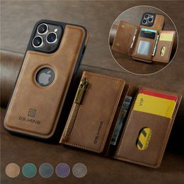 2 in 1 Magnetic Zipper Phone Case for iPhone 15 Plus 14 13 12 11 Pro Max Samsung Galaxy S23 Ultra Multiple Card Slots Leather Wallet Cover Supporting Wireless Charging