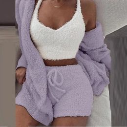 Women's Sleep Lounge Fluffy Pajamas Set for Women Casual Sleepwear Tank Top and Shorts Plus Size Hoodie Leisure Homsuit Winter Teddy 3 Pieces Pijamas 231018