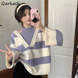 Women's Knits Tees Design Halter Pullover Sweater Ulzzang Fake Two Piece Striped Sweet Schoolgirl Lovely Baggy Gentle Clothes 231018