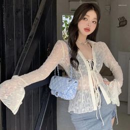 Women's Blouses Shirts Women Summer Sun-proof Thin Sheer Sexy Slim Elegant Fashion Lace-up Design Mature Korean Style Casual Chic Flare