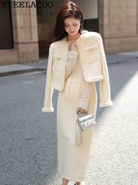 Two Piece Dress Tweed jacket Skirt Suit White fashion Professional Set slimming Womens AutumnWinter 2Piece 231018