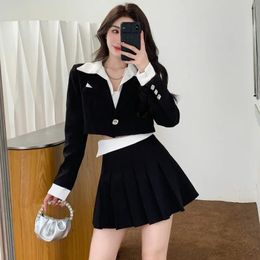 Two Piece Dress Sexy Sets Outifits Mini Pleated Skirt Fashion Single Button Crop Blazer for Women Patchwork Korean 231018