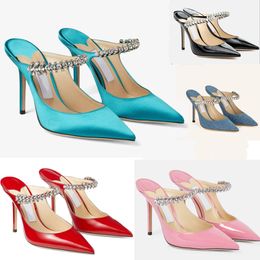 Women sandal mules slide heels lady High Heels Bing Crystal Straps Stiletto Heel Sexy Pointed Toe patent leather crystal embellished luxury brand autumn winter