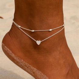 Anklets Summer Ins Fashion Silver Colour Double Heart Anklet Chain For Women Bling Hollow Out Love Foot Ankle Leg Bracelet Jewellery