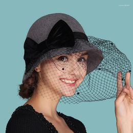 Berets Arrival Lady Fedoras Hat Adult Winter Woolen Veil Girls Elegant Finisher British Cap Travel Party B-7645