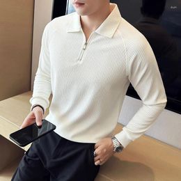 Men's Polos 2023 Autumn High Elastic Thickened Seersucker Half Zip Polo Shirt Men Fashion Casual Business Lapel Long Sleeve T-shirts M-4XL