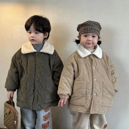 Down Coat Parkas Children Clothing Corduroy Cotton Plush Thickening Boys Girls Winter Turn Fur Collar Short Korean