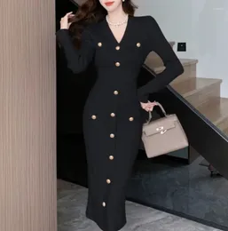 Casual Dresses Luxury Style Chic Elegant V-Neck Single Breasted Knitted Dress Woman Autumn Winter Bottoming Split Hip Wrap Mid-length