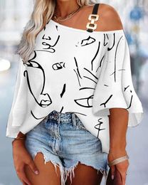 Women's Blouses Sexy Off Shoulder Chained Shirts For Women 2023 Summer Fashion Half Sleeve Letter Print Shirt Casual Loose Top Femme