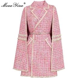 Women' Blends MoaaYina Fashion Designer Autumn Winter Pink Tweed Outerwear Turn down Collar Sashes cloak Overcoat coat 231018