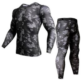 2 Piece Tracksuit Men Compression MMA Long sleeve t shirt Rashgard kit Camouflage Sweatshirt leggings Fitness Thermal underwear Y2253o