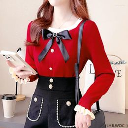 Women's Sweaters Year Autumn Winter Basis Pullovers Jumpers Long Sleeve Casual Loose Japan Cute Sweet Girls Bow Tie Red Knitted