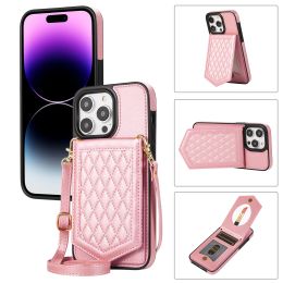 Luxury Leather Wallet Mirror Cards Solt Case For iPhone 15 14 Pro Max 13 Mini 12 11 XR XS 8 7 Plus RFID Blocking Card Holder Stand Back Cover With Crossbody Lanyard