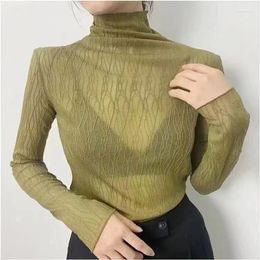 Women's T Shirts Autumn Girls Half Turtleneck Full Sleeve Lace Lady See-through Elastic Tops Tees For Women