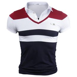 V-Neck T Shirt for Men Summer Wide Striped Short Sleeve Tees Large Size Breathable Slim Tops295S