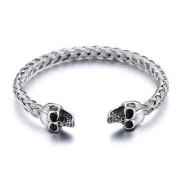 Silver Stainless Steel Cuff bangle Biker double skull head End Open Bracelet knot Wire chain239G