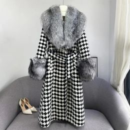 Womens Wool Blends Winter Imitation Leather Silver Fur Collar Jacket Women Overcoat Long Checkerboard Cashmere Woolen Windbreaker 231018