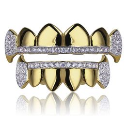 18K Real Gold Teeth Grillz Caps Iced Out Top & Bottom Vampire Fangs Dental Grill Set Whole318K