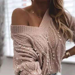Women's Sweaters Autumn Winter Casual Knitted Sweater Women Elegant Beaded Loose Knitted Tops Sexy V-Neck Long Sleeve Solid Pullover Jumper 231019