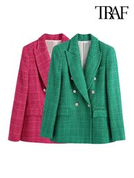Womens Jackets TRAF Women Fashion Double Breasted Tweed Green Blazer Coat Vintage Long Sleeve Flap Pockets Female Outerwear Chic Veste 231018