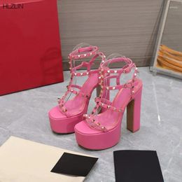 Sandals Leather Waterproof Table Super High Heels Summer Peep-toe Fashion Riveted Square Heel 15.5cm Sky-high Women's