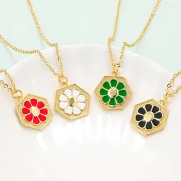 Pendant Necklaces EYIKA Sweet Cute Colourful Enamel Flower Daisy Hexagon Necklace Women Copper Metal Fine Jewellery Gift For Family Christmas