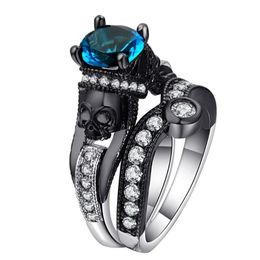 Hainon 2PCS Skull Ring Sets Women Men Punk Jewellery Charm Black Silver Colour Round Cubic Zirconia Cluster Rings315Z