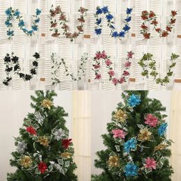 Christmas Decorations Glitter Christmas Poinsettia Flower Rattan Garland Hanging Fake Vine Christmas Holly Leaf Vine Party Holiday Decoration Rattan 231019