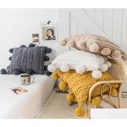 Cushion/Decorative Pillow Seat Floral Tassels Er With Pompom Yellow Grey White Decorative Cushion Ers Home Decor Throw Pillowcase 45 Dhail