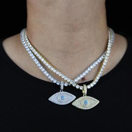 Hip Hop Necklace With Blue White Cz Paved Eye Pendant Tennis Chain Plated Gold Silver Color For Men Punk Jewelry Chains3141