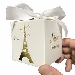 Gift Wrap Wedding Ceremony Events Party Favour Mini Gift Paper Candy Box Bronzing French Merci Eiffel Tower White Square 6cm 20/50/100PCS 231019
