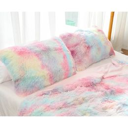 Pillow Case Fluffy Long Plush Pillowcase For Bed 50x70cm Tie Dye Rainbow Colourful Pillow Cover Winter Warm Soft Pillows Case Home Decoration 231013