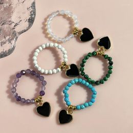 Cluster Rings Simple Design Natural Stone Beaded For Women Love Heart Charms Handmade Jewellery Fashion Statement Ring Stainless Steel