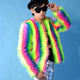 Men's Leather Faux Leather Four Seasons man's Faux fur coat High-end men rainbow Jackets Color singer Loose hair Long sleeve Fashion Cool 231018