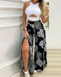 Women's Two Piece Pants Women Summer Casual Solid Cut-out Tank Top And Tropical Print Split Wide Leg Set Suits