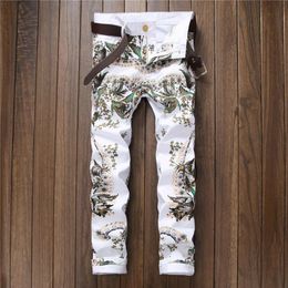 White Print Men's Skinny Jeans Summer Slim-Fit Stretch Cowboy Pants Pantalones Para Hombre Vaqueros287H