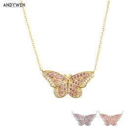 ANDYWEN 925 Sterling Silver Gold Butterfly Luxury Pink Clear Long Chain Necklace 2021 Fine Jewellery Crystal CZ Spring Jewellery Q0531247K