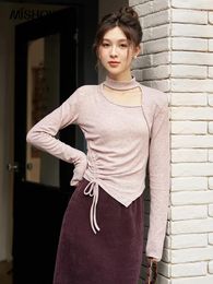 Women's Sweaters MISHOW Shirring Ruched Crop Knitted Top For Women 2023 Autumn Mock Neck Hollow Out Pullover French Sweet Solid Tops