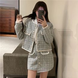 Two Piece Dress Fashion Autumn 2 Pieces Set Elegant Vintage Plaid Tweed Long Sleeve Jackets Coat Irregular ALine Mini Skirts Suit 231018