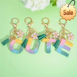 Creative 26 English Letter Rainbow Key Chain Green Tassel Love Petal Decoration Accessories Fashion Charm Alphabrt Keyring Gift