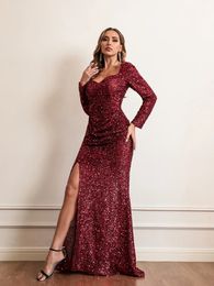 Urban Sexy Dresses Autumn Sequin Maxi Party for Women Long Sleeve Split Bodycon Evening Dress Birthday Robe Clothing 2023 Arrivals 231018