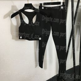 Letter Webbing Women Yoga Outfits Singlet Leggings Tracksuit Black Sexy Cropped Padded Tank Tops Sports Gym Legging Pants Trousers