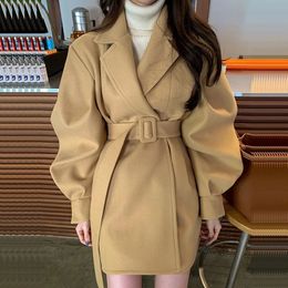 Womens Wool Blends Autumn Winter Korean Vintage Notched Collar Imitation Woolen Coat With Belt Coffee Color Black Casual Long Sleeve Female Outwear 231018