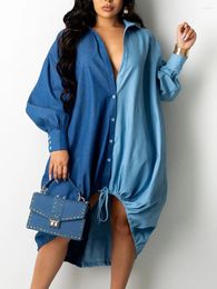 Casual Dresses LW Imitation Denim Dress Drawstring Patchwork Shirt Women's Loose Fit Long Sleeve Solid Button Down Shirts